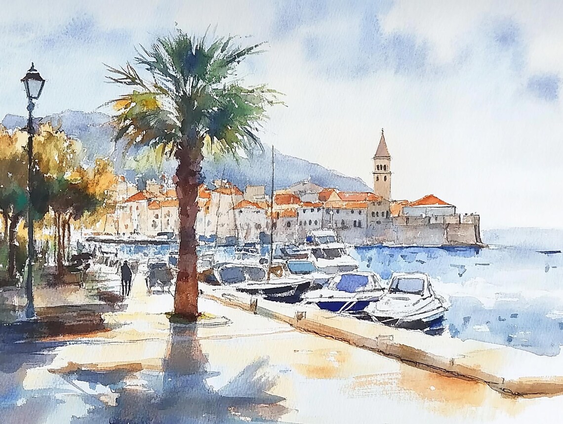 Croatia Coastal Watercolor Cityscape Art Print