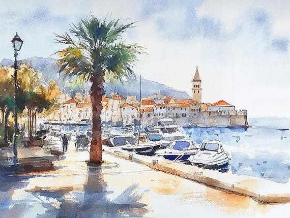 Croatia Coastal Watercolor Cityscape Art Print