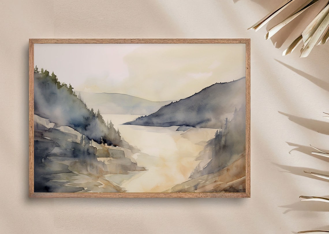 Golden River Valley Flowing Between Soft Misty Hills Watercolor Poster - Image 4