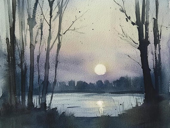 Moon Painting Night Landscape Watercolor Art Print