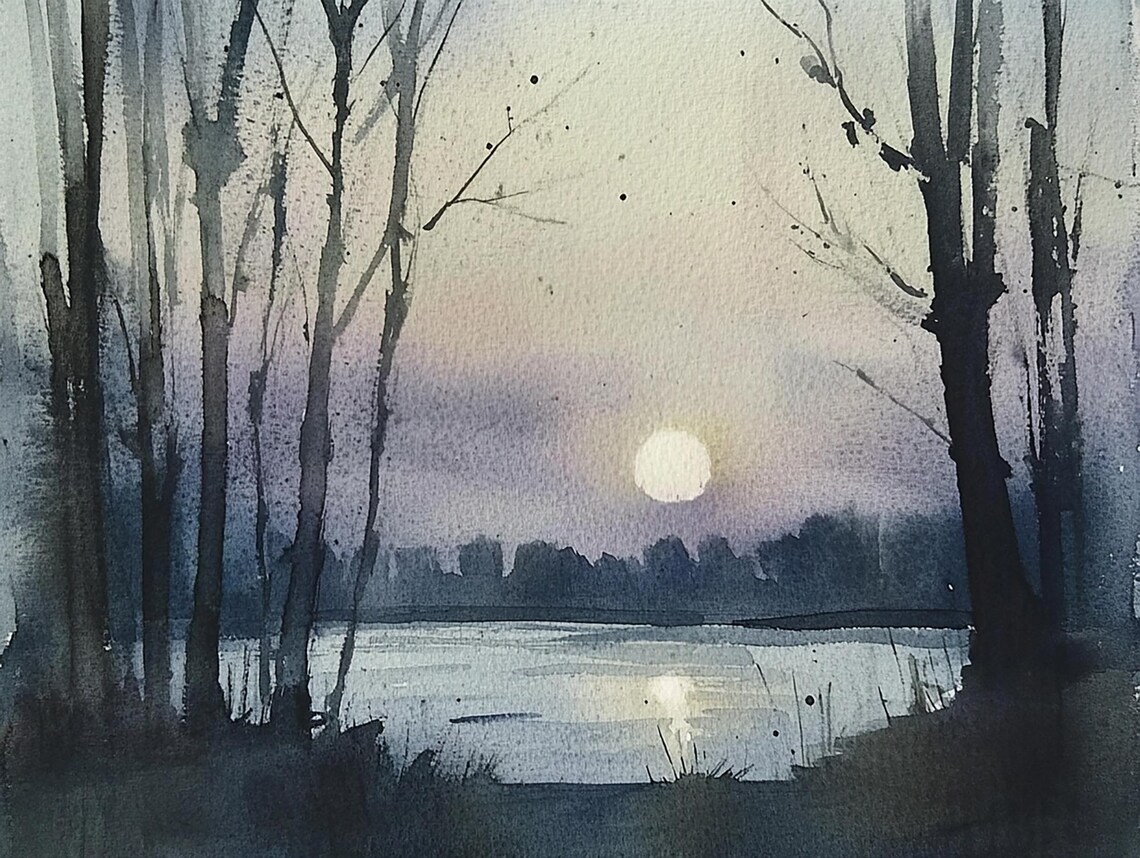 Moon Painting Night Landscape Watercolor Art Print