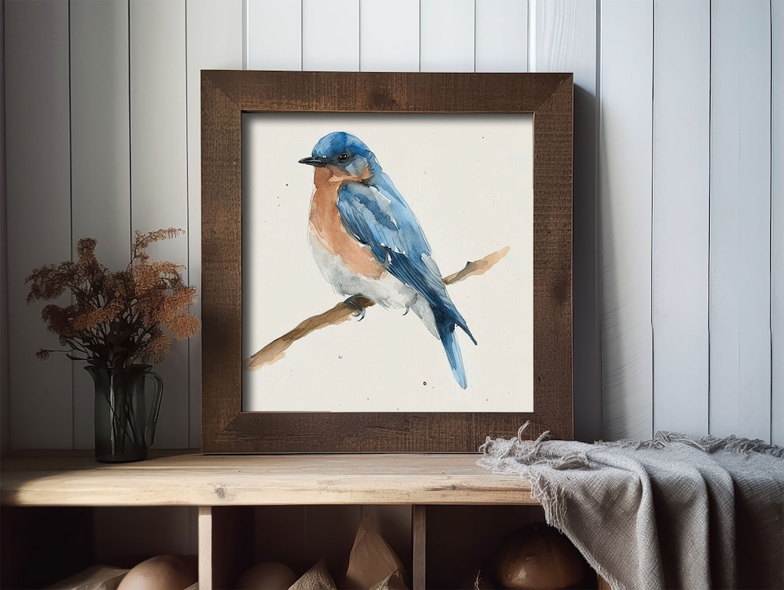 Eastern Blue Bird Minimalist Watercolor Art Print - Image 2