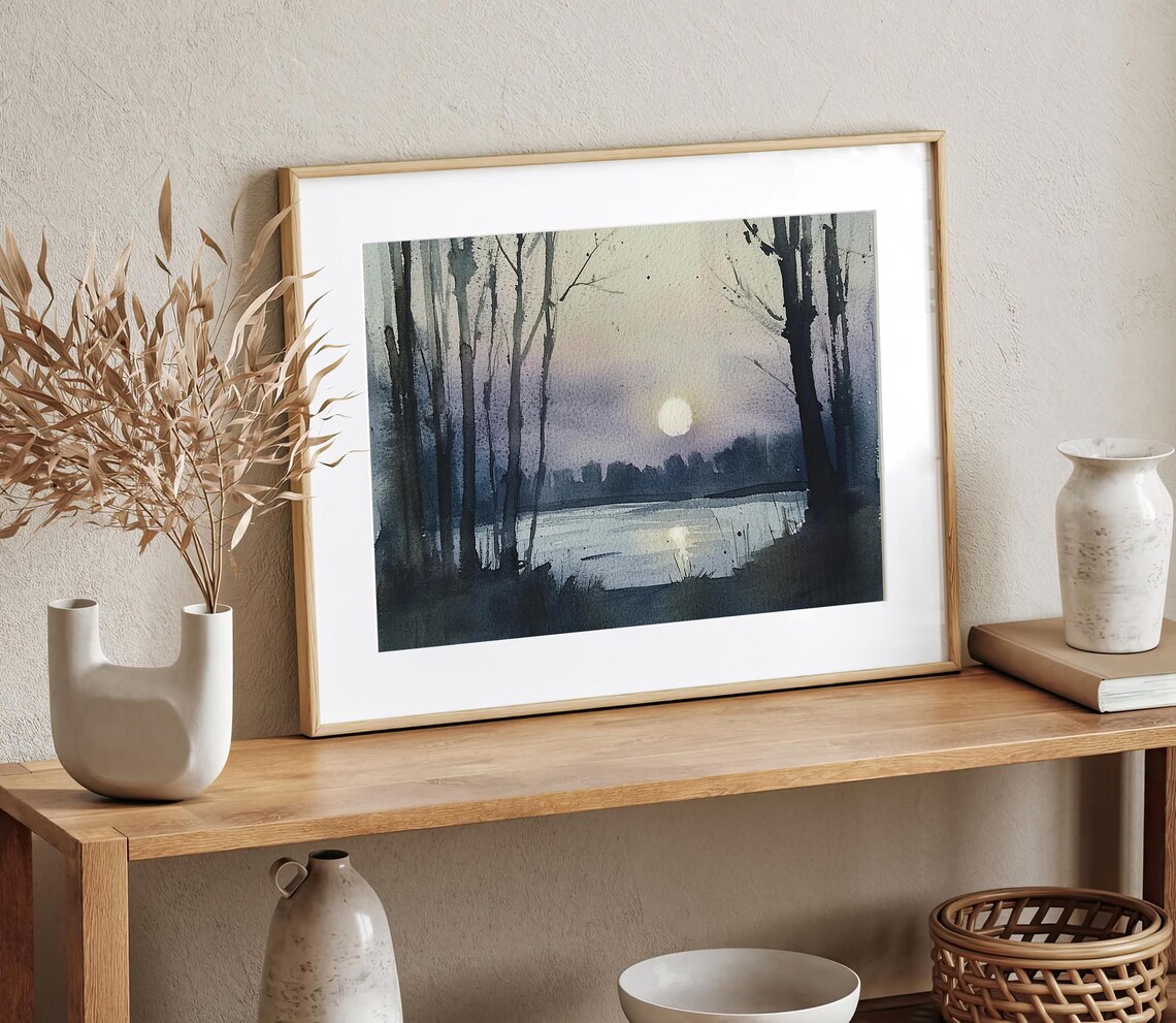 Moon Painting Night Landscape Watercolor Art Print - Image 2