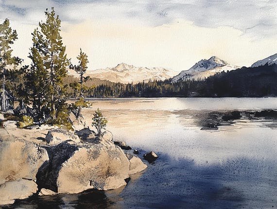 Lake Alpine Mountain Lake Watercolor Landscape Art Print