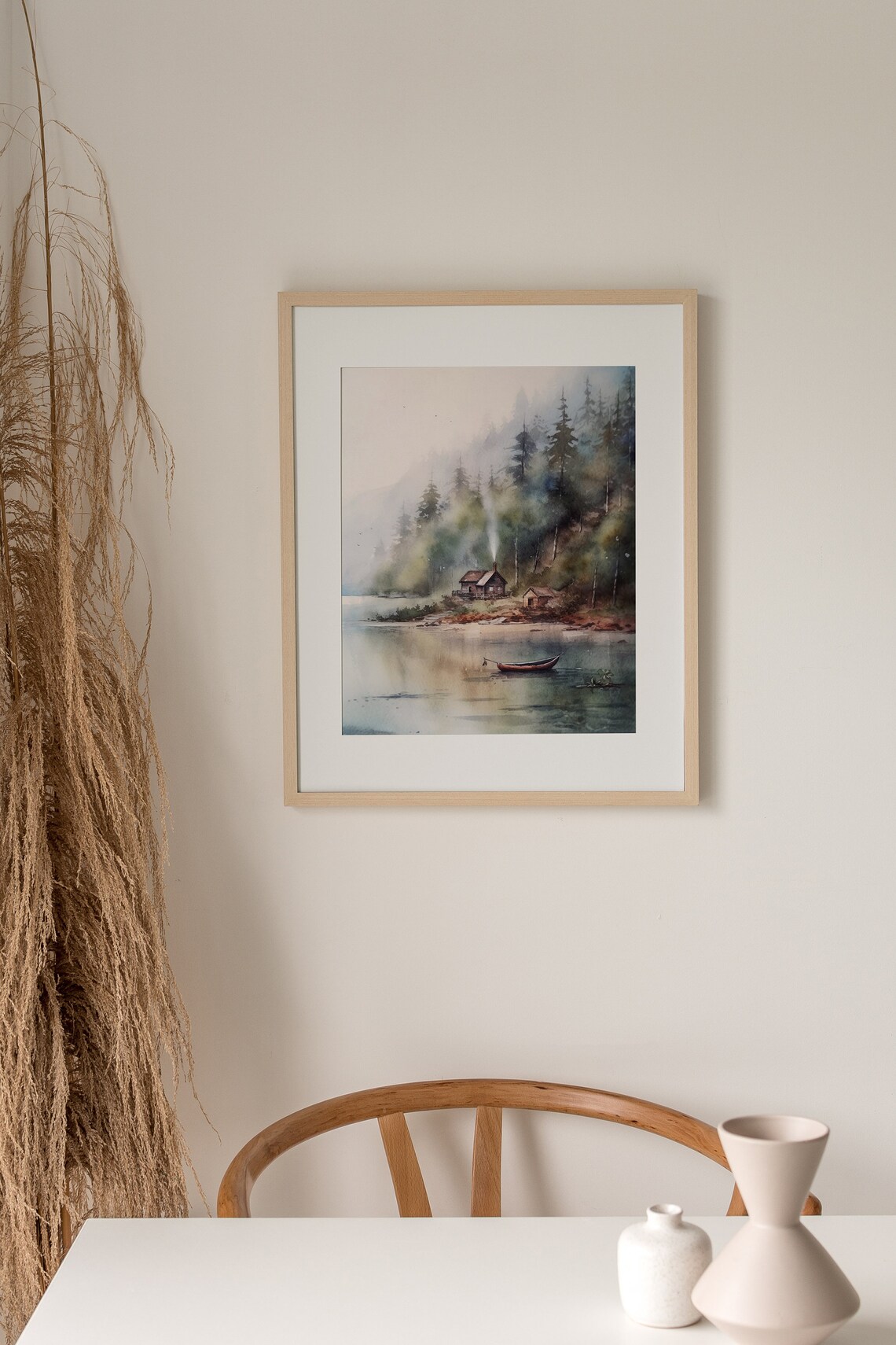 Misty Morning Lakeside Cabin Pine Forest Canoe Watercolor Poster - Image 5