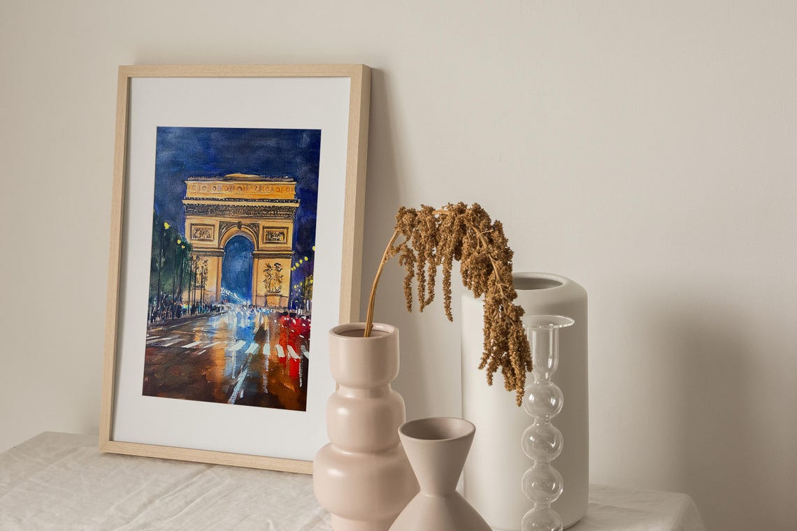 Paris Arc de Triomphe Night Lights Watercolor Landmark Poster - Image 3