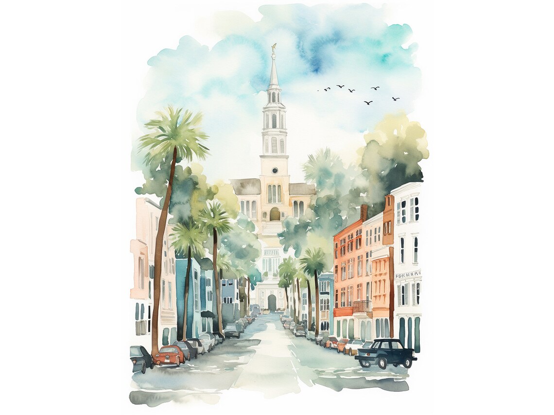 Charleston Watercolor Cityscape, South Carolina Art Print