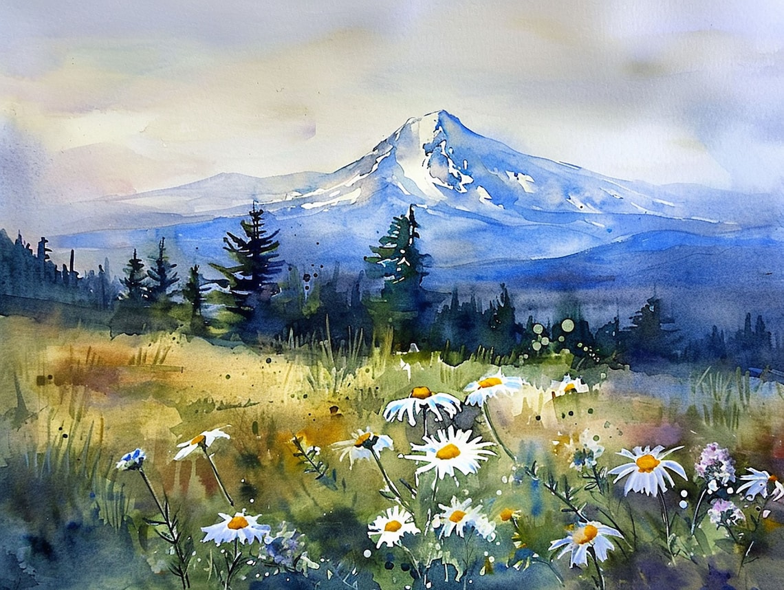 Mount Hood Daisy Watercolor Wall Art Print