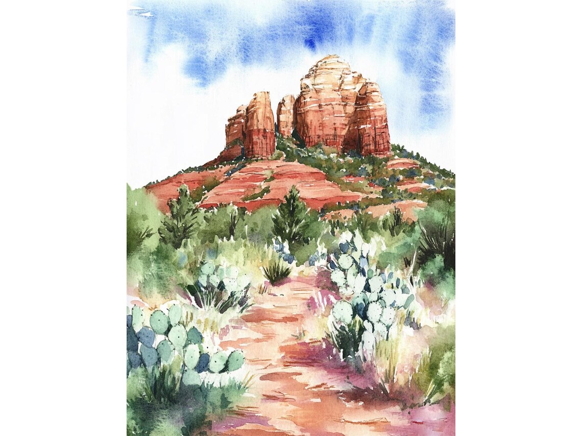 Towering Red Rock Formation in an Arizona Desert Watercolor Poster