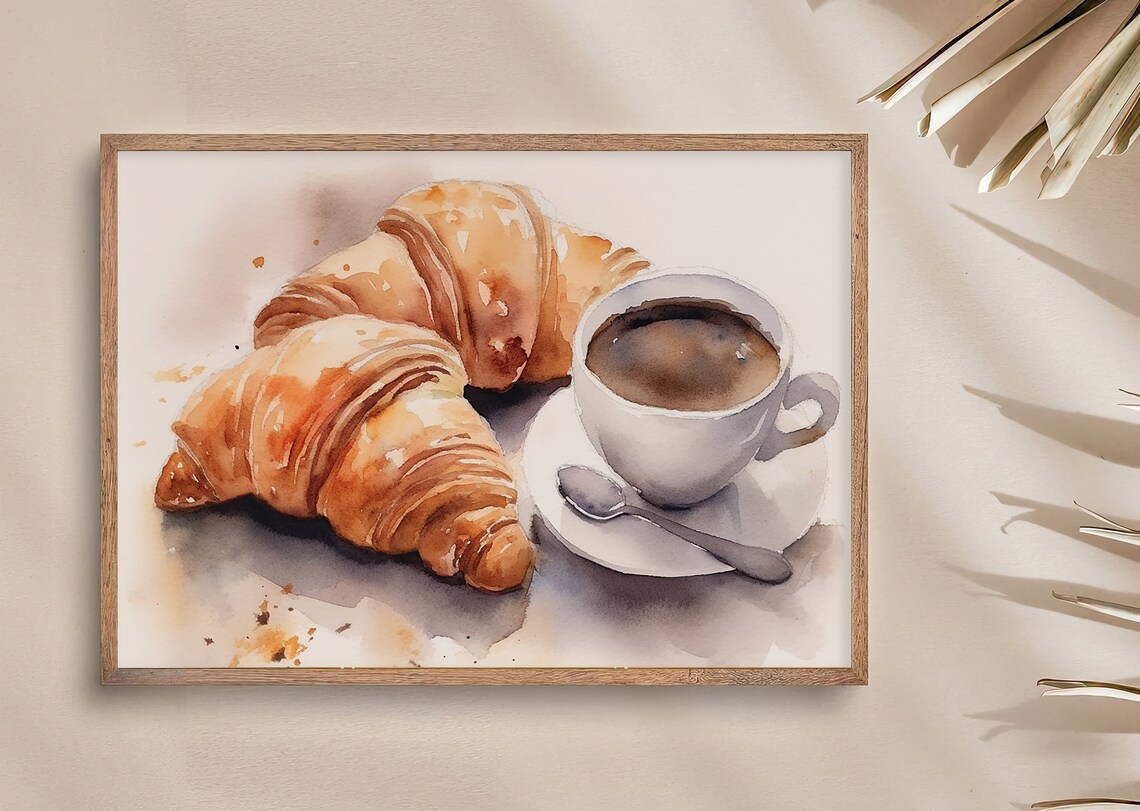 French Breakfast Watercolor Coffee and Croissant Art Print - Image 3