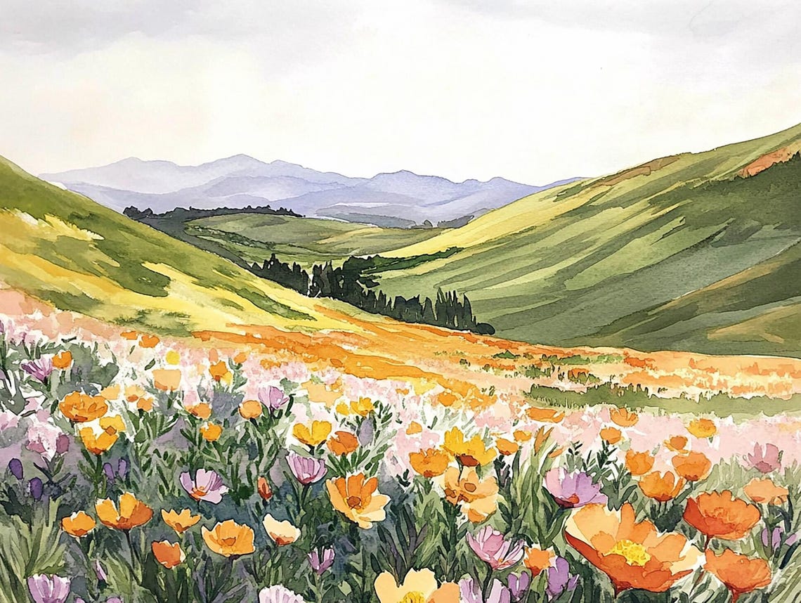 California Blooming Painting California Landscape Watercolor Art Print Field Of Flowers Wall Art Wildflowers Poster Green Hills Wall Art