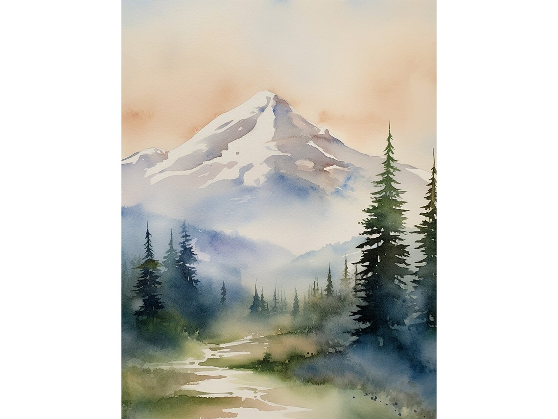 Mount Shasta California Snowy Peak Pine Forest Watercolor Poster