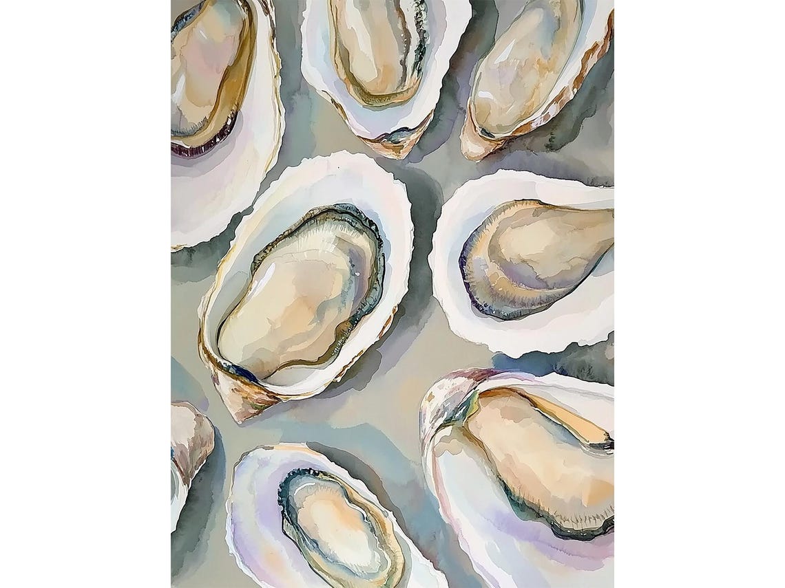 Oyster Half Shells Watercolor Seafood Kitchen Beach House Poster