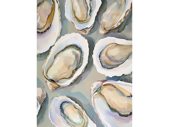 Oyster Half Shells Watercolor Seafood Kitchen Beach House Poster