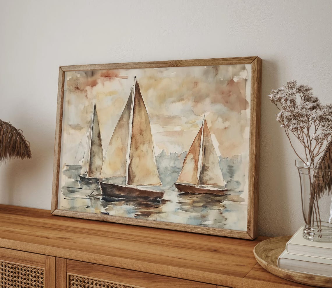 Three Sailboats Gliding Across a Soft Sunset Sea Watercolor Poster - Image 4