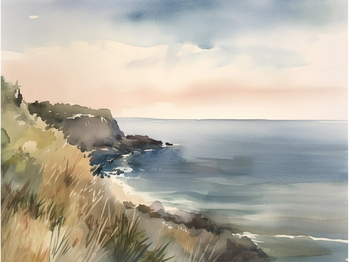 Cornwall Coastal Cliffs Rocky Shore and Calm Sea Watercolor Seascape Poster