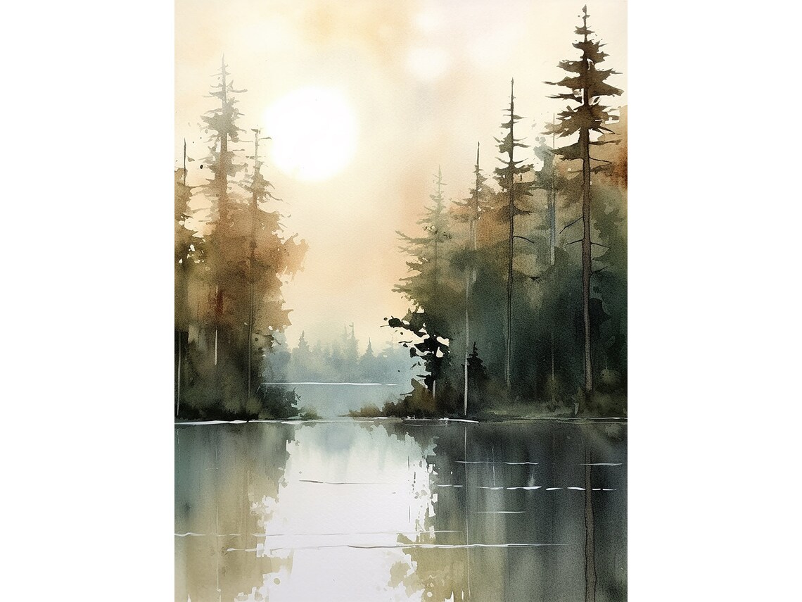 Sunrise Forest Lake Painting, Michigan Landscape Art Print