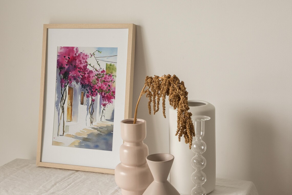 Bougainvillea Painting Santorini Watercolor Travel Poster - Image 3
