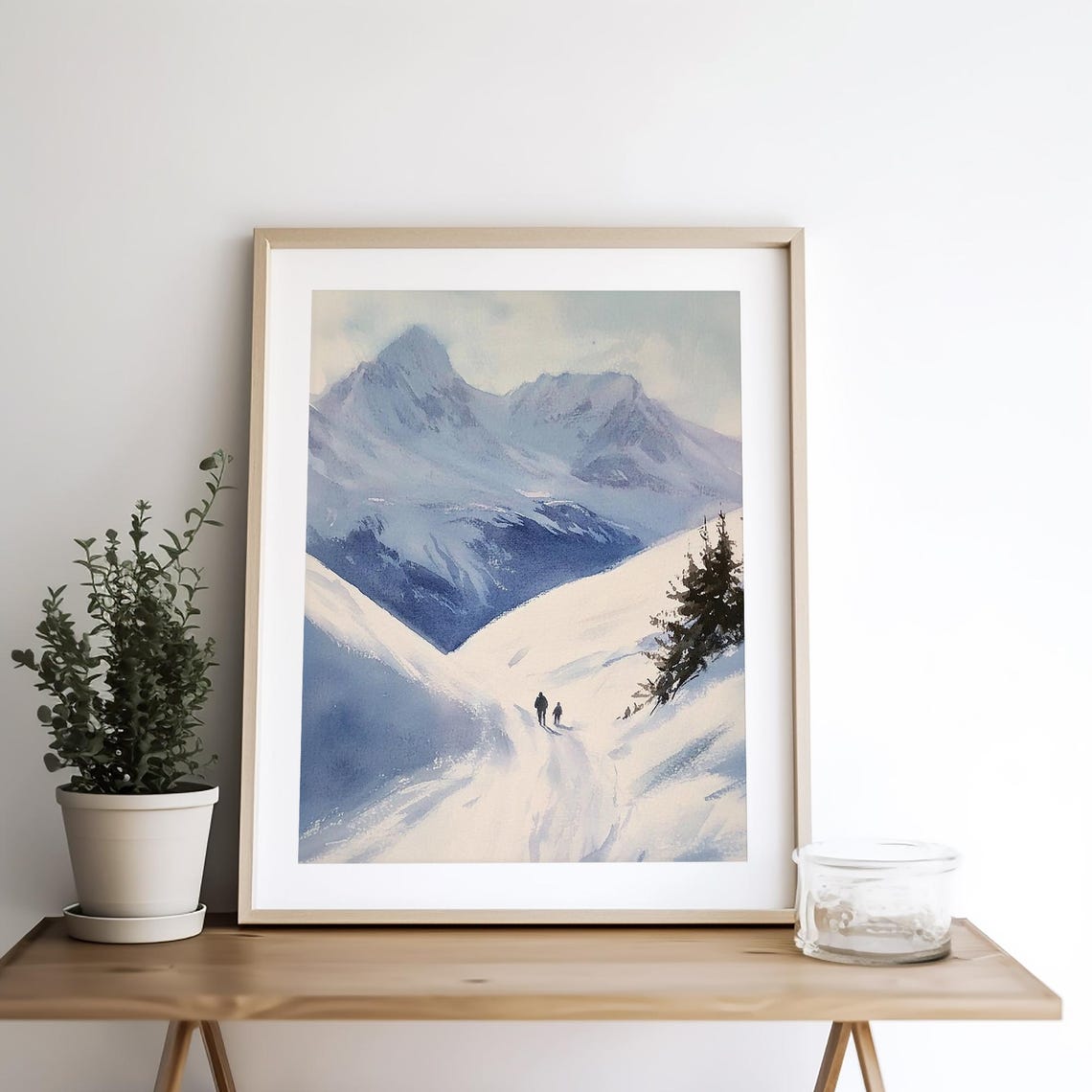 Snowy Mountain Peak Winter Hikers Trail Alpine Watercolor Poster - Image 4