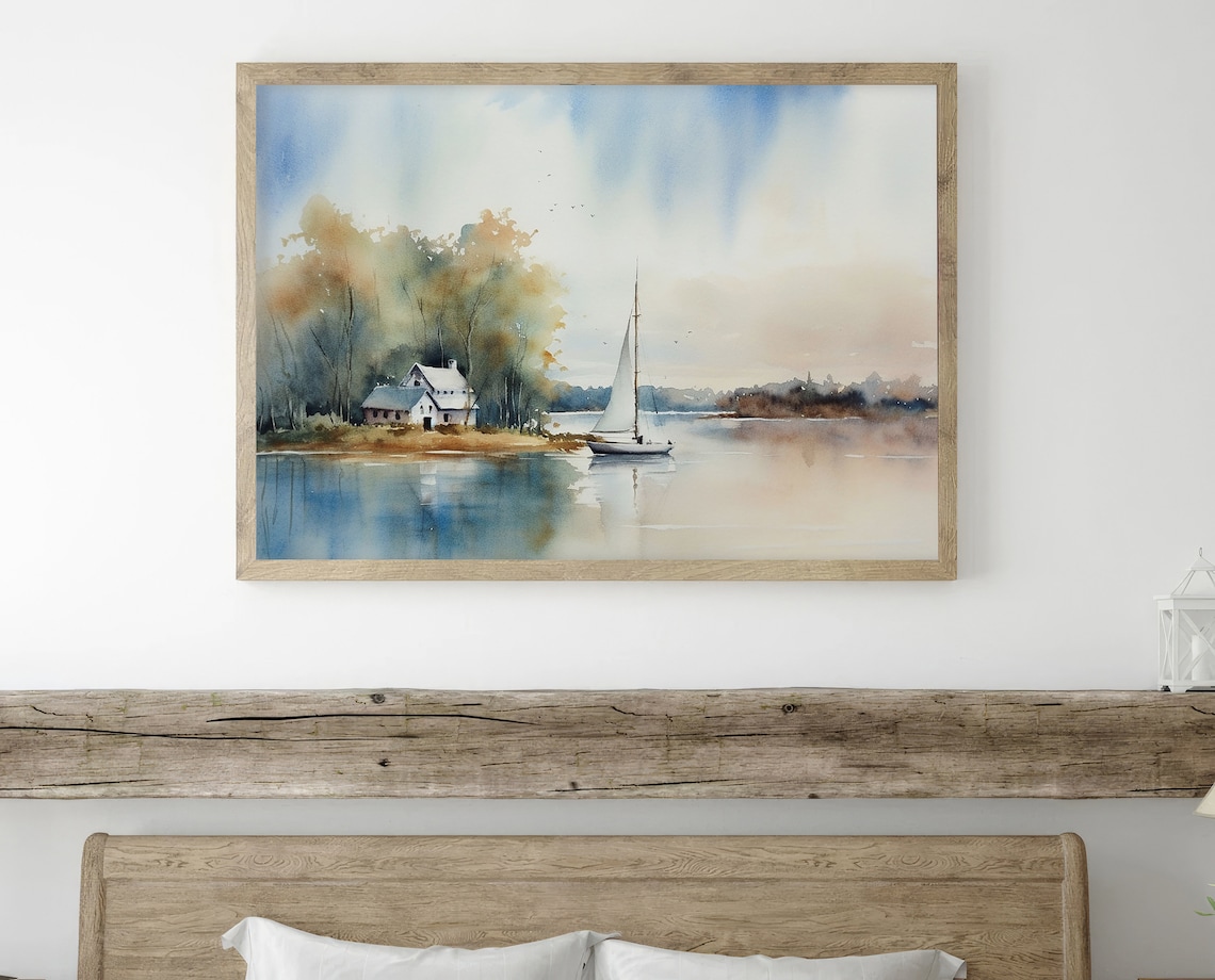Michigan Lake Sailing Landscape Watercolor Art Print - Image 2