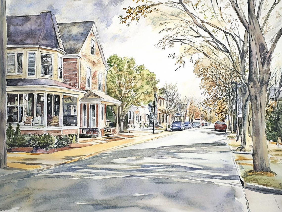 Quiet Victorian Street Lined with Autumn Trees Watercolor Poster