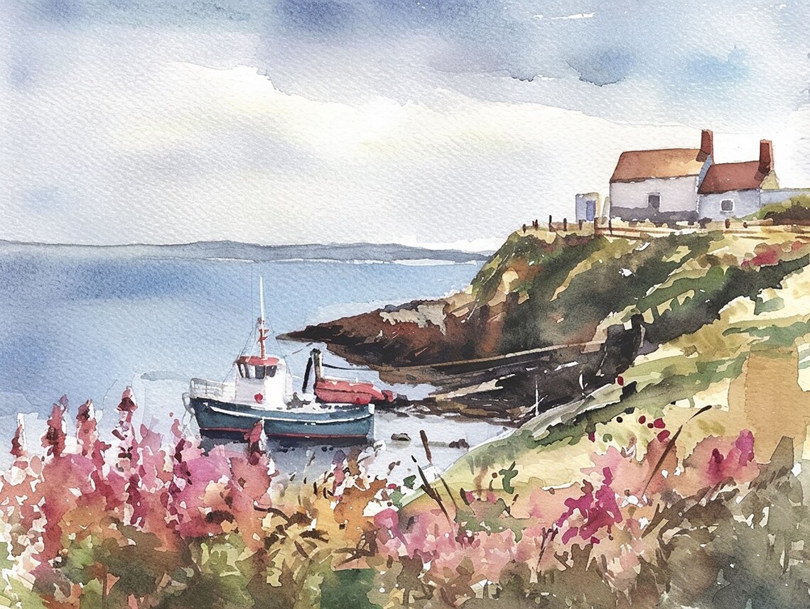 Howth Coastal Watercolor Art Print, Ireland Seascape