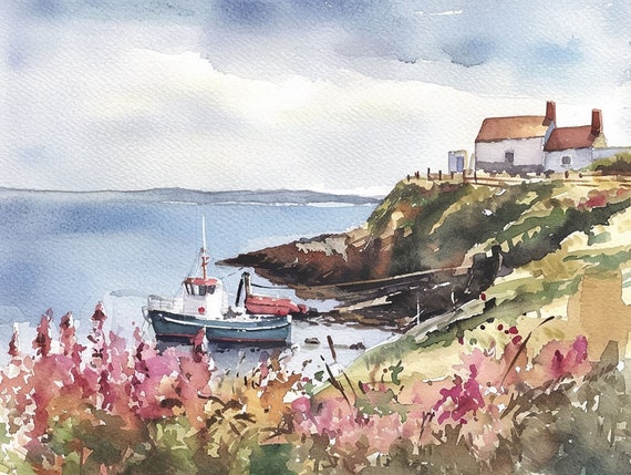 Howth Coastal Watercolor Art Print, Ireland Seascape