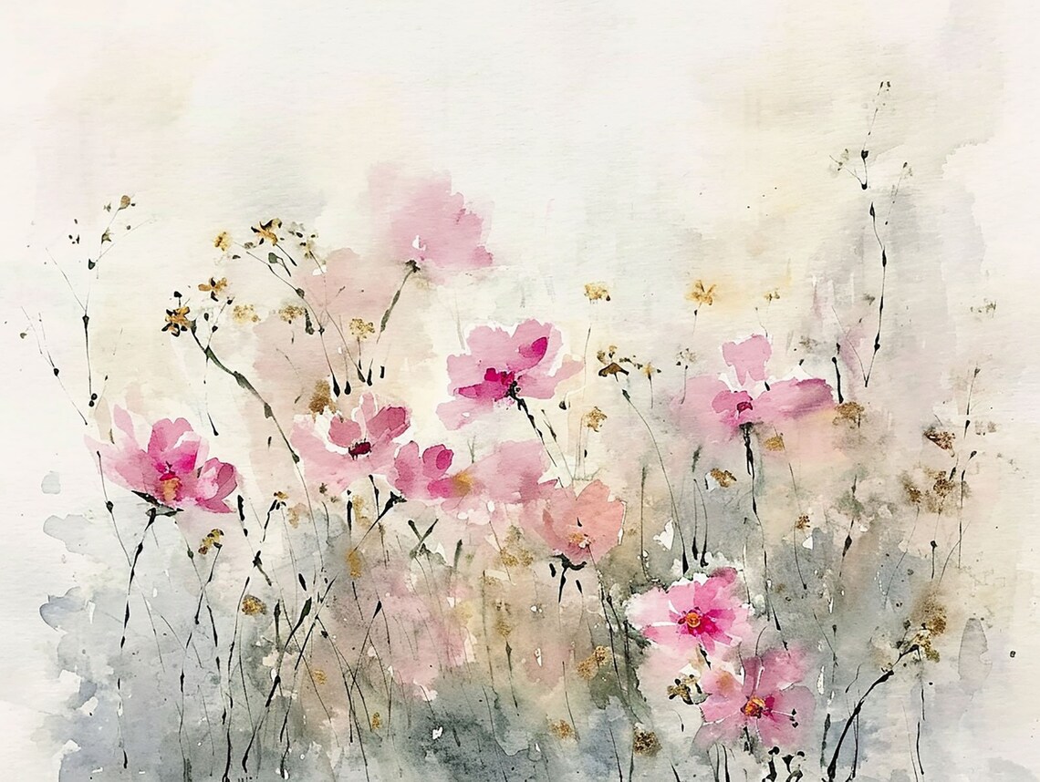 Pink Daisy Watercolor Art Print, Floral Meadow