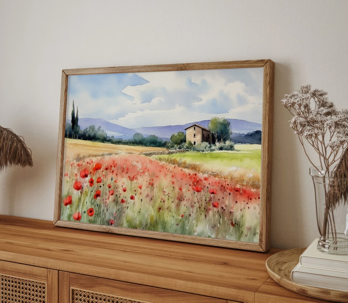 Tuscany Poppy Field Watercolor Art Print, Italy - Image 3