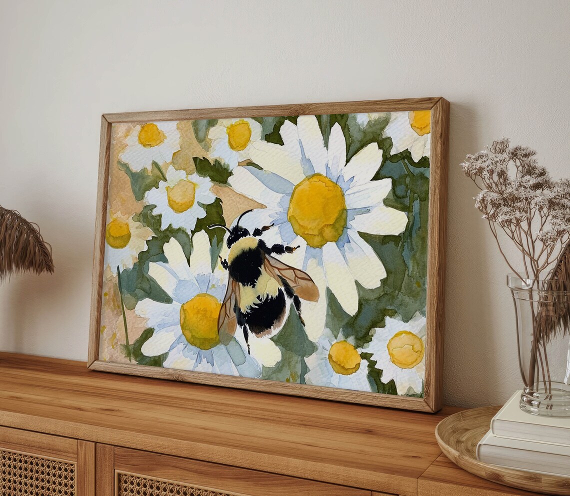 Bumble Bee Daisy Watercolor Art Print, Spring Floral - Image 3