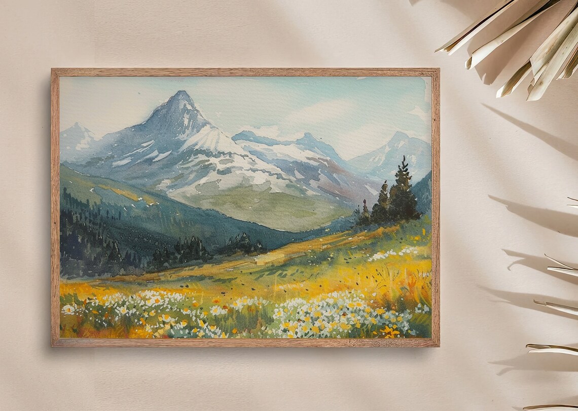 Rocky Mountains Daisy Field Watercolor Art Print - Image 5