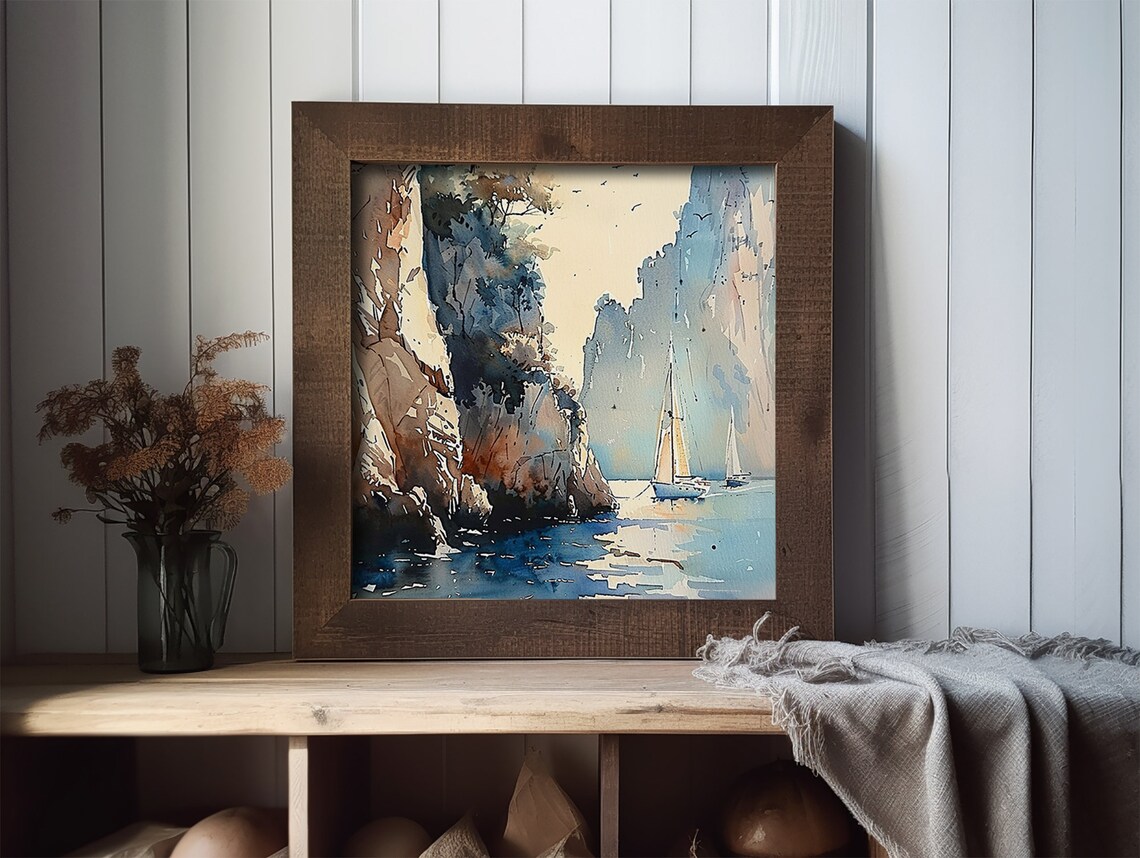 Crete Greek Watercolor Sailboat Seascape Art Print - Image 3