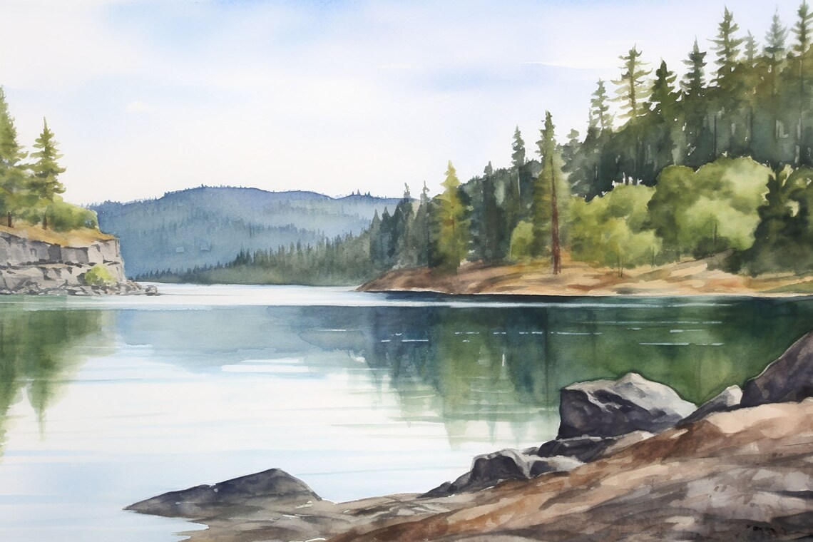 Idaho Watercolor Art Print, Lake Coeur Dalene