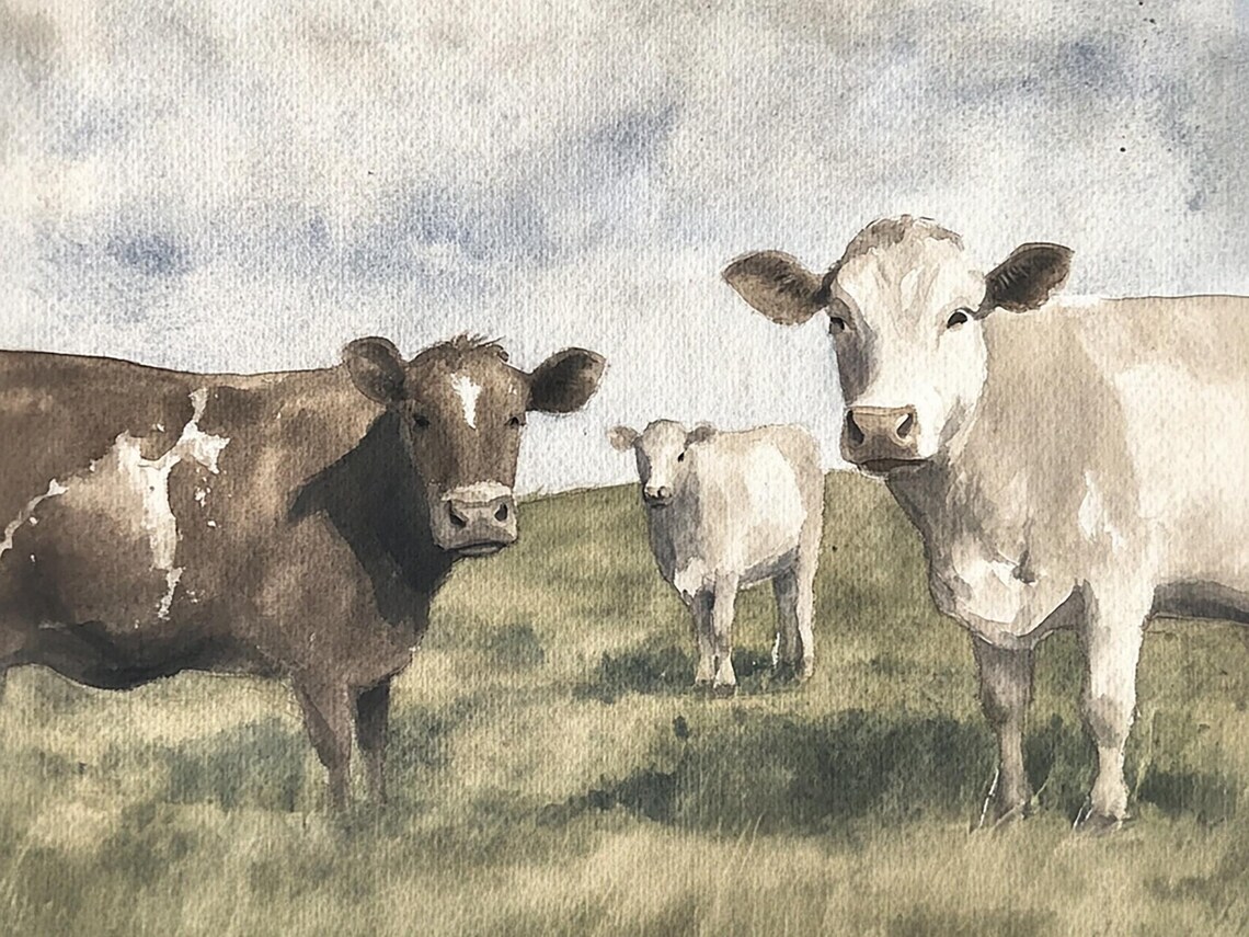 Irish Cows Watercolor Art Print, Ireland Landscape