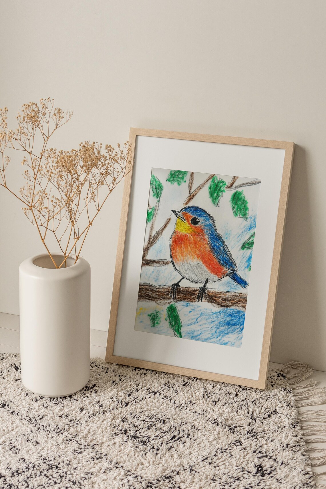 Colorful Blue and Orange Songbird Crayon Drawing Kids Room Poster - Image 3