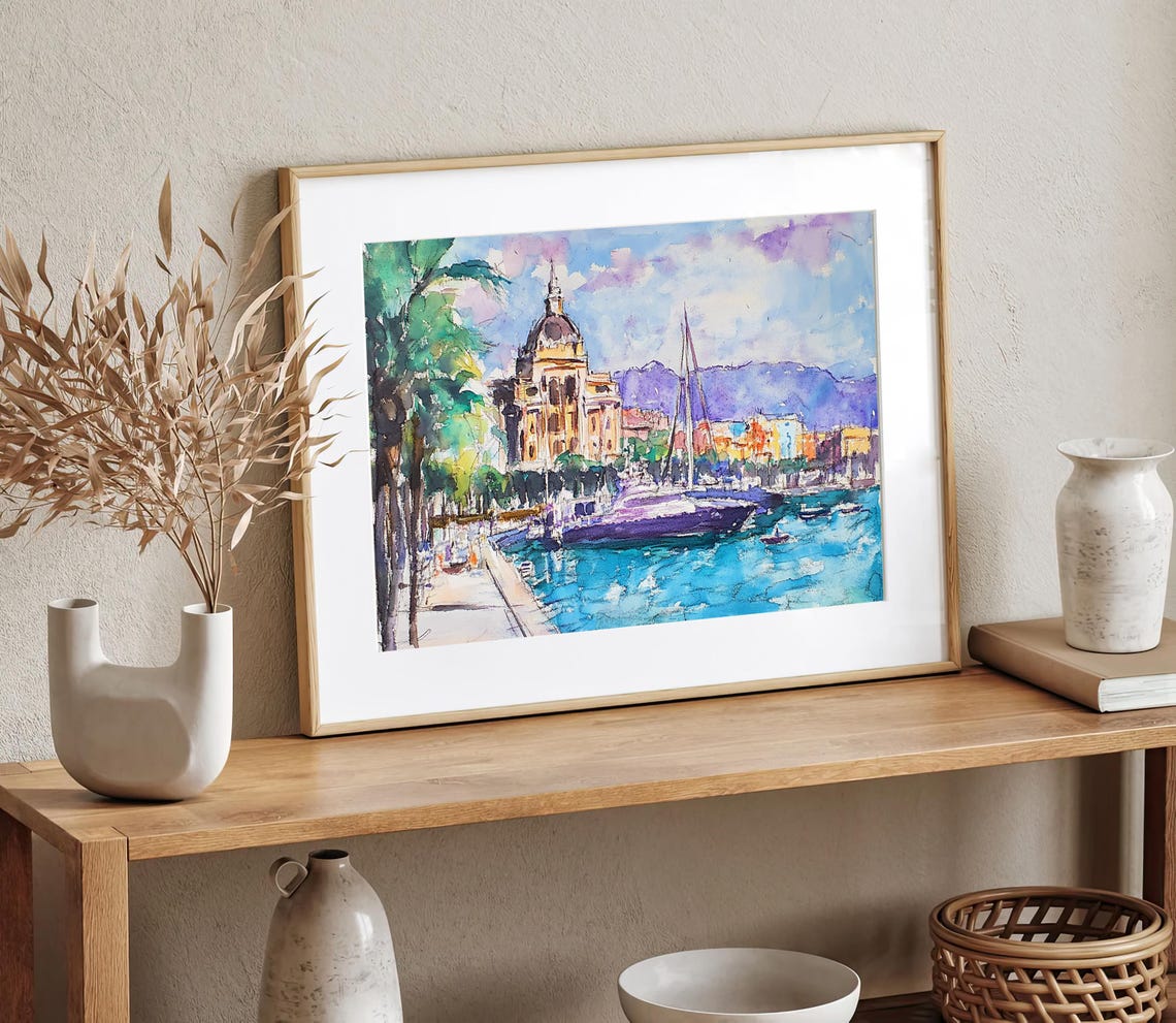Barcelona Painting Spain Watercolor Art Print Barcelona Harbor Wall Art Cityscape Print Sailboat Art Travel Poster - Image 2