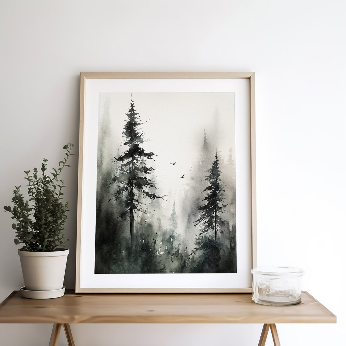 Tall Pines Emerging from Dense Fog in Black Ink Wash Painting Poster - Image 3