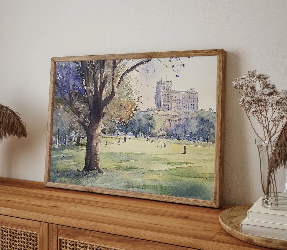 Boston Common Park Green Lawn Big Tree City Skyline Watercolor Poster - Image 4