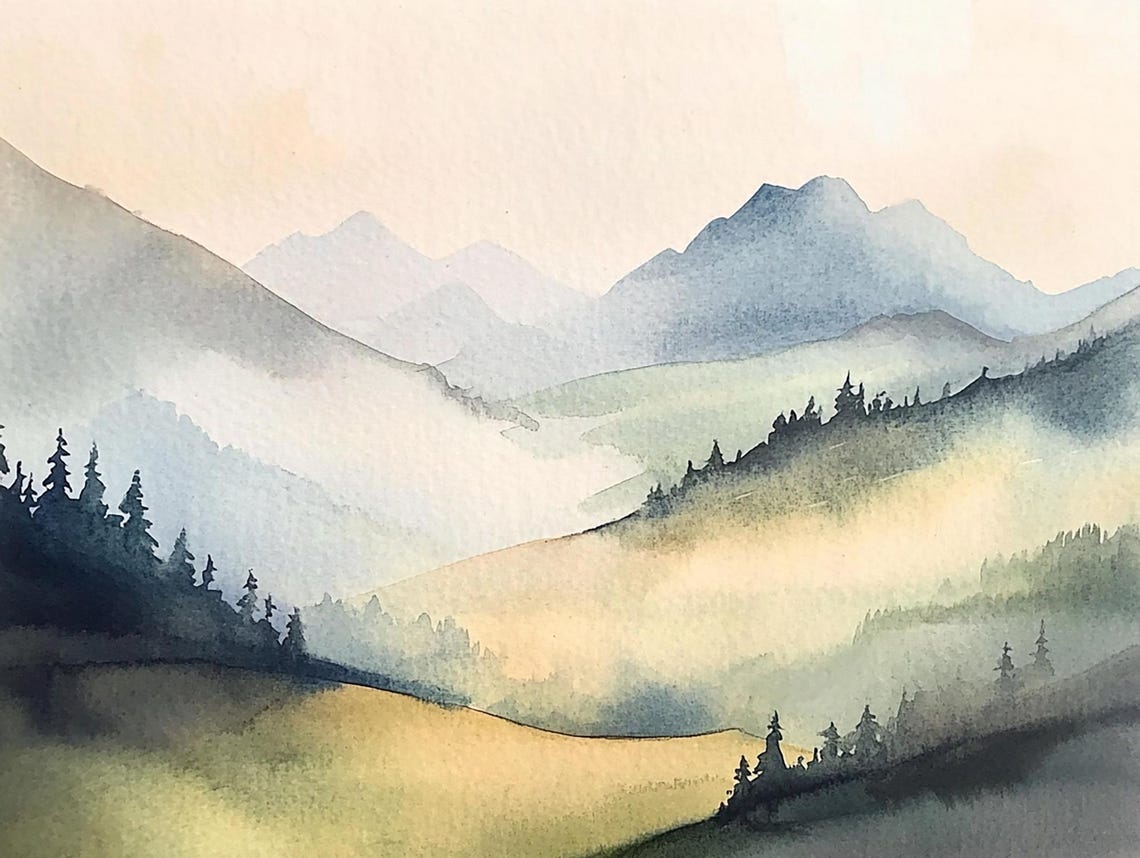 Tranquil Layered Blue Mountain Ridges in Soft Mist Watercolor Poster