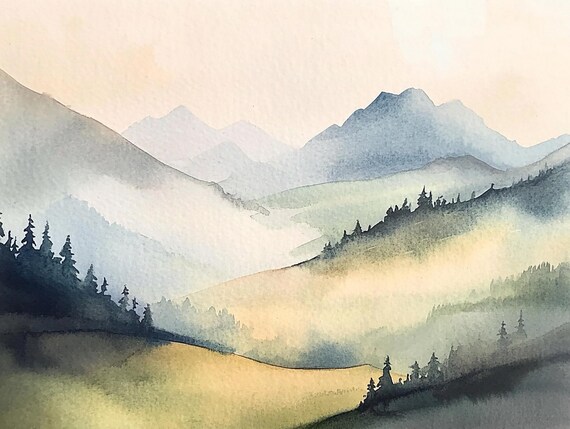 Smoky Mountains Painting Sage Green Watercolor Art Print Appalachian Mountains Wall Art Landscape Print Minimalist Poster