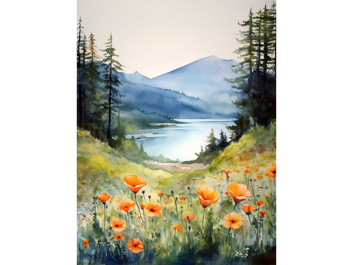 Columbia Gorge Watercolor Mountain River Art Print