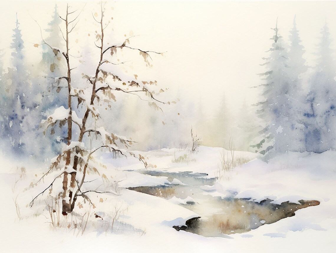 Winter Scene Watercolor Snow Landscape Art Print
