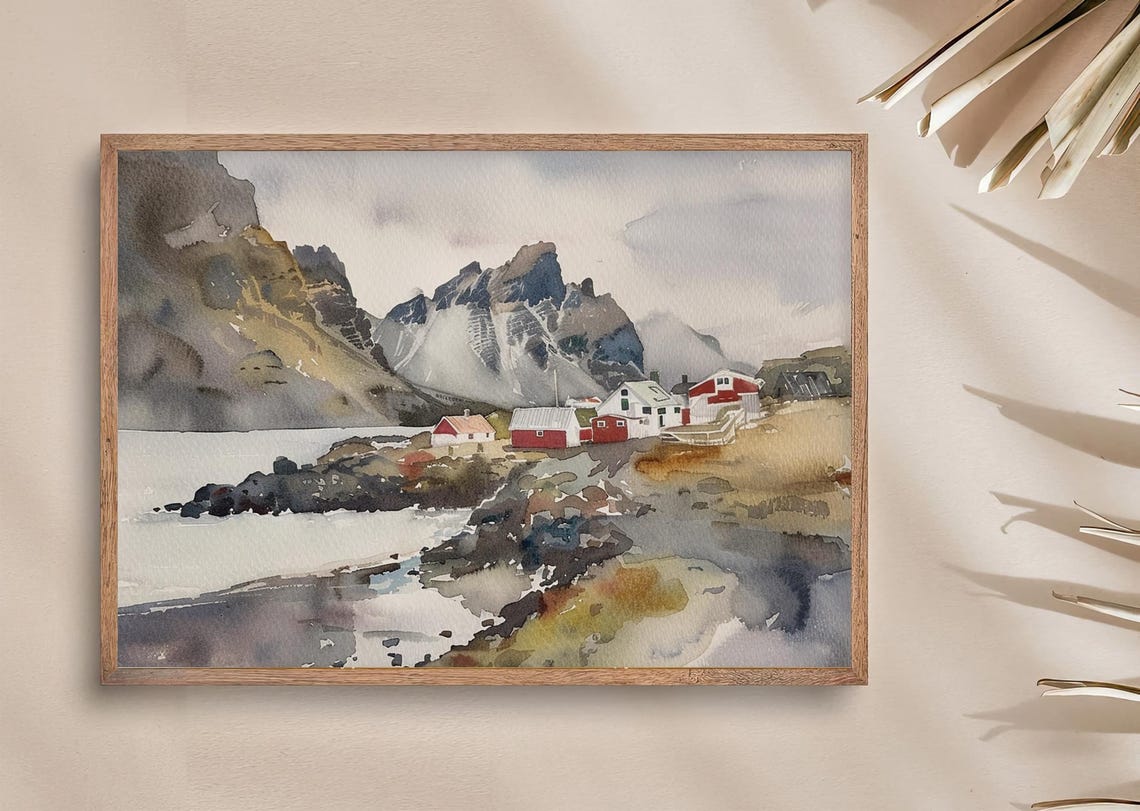 Iceland Painting South Shore Watercolor Art Print Town Of Vik Painting Wall Art Landscape Print Mountain Art Travel Poster Coastline Art - Image 2