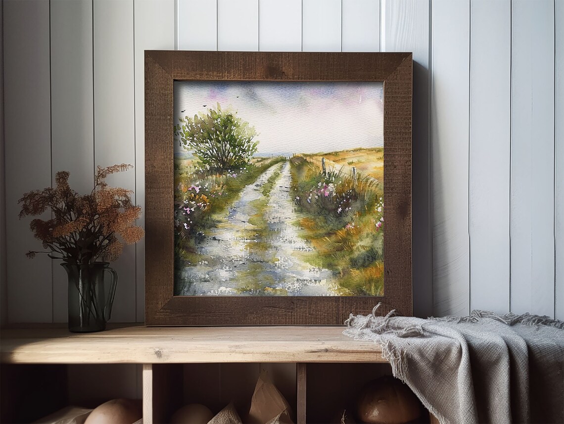 Country Dirt Path Through Wildflower Meadow Watercolor Poster - Image 2