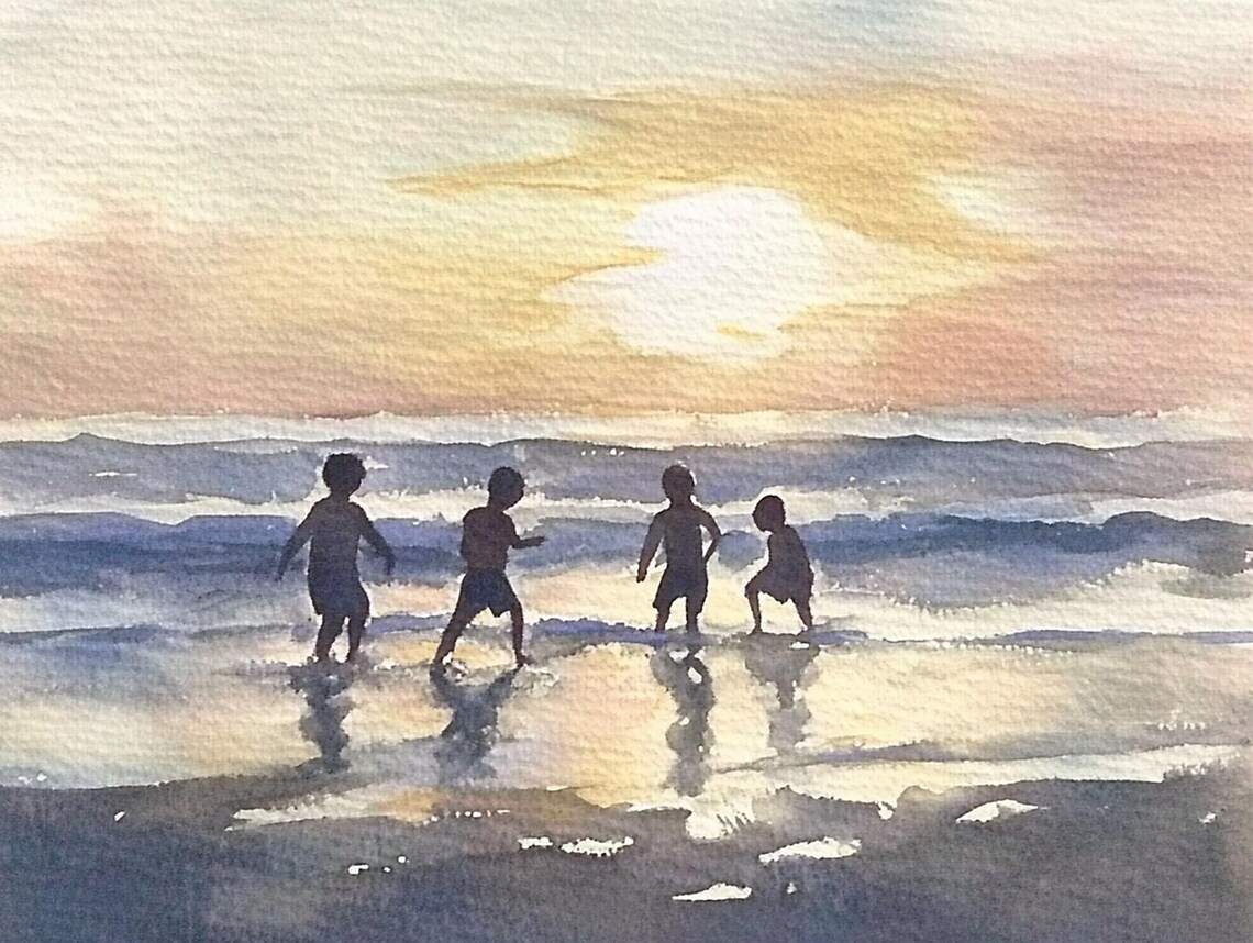 Kids Playing On Beach Watercolor Art Print
