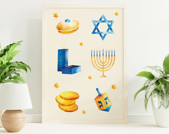 Hanukkah Print Art Cute Watercolor Hanukkah Illustration Art Blue Jewish Holiday Wall Decorations