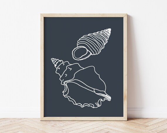 Minimalist White Line Art Seashells Navy Coastal Beach House Poster