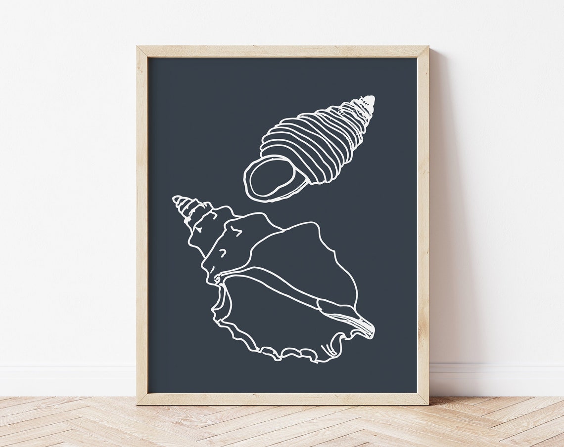 Minimalist White Line Art Seashells Navy Coastal Beach House Poster