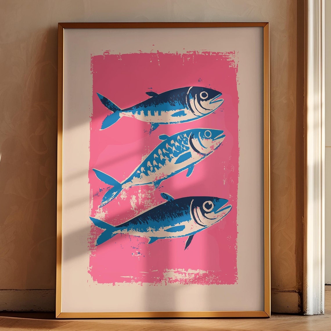 Blue Pink Fish Wall Art Mackerel Retro Poster Farmhouse Kitchen Drawing Fish Art Kitchen Print Trendy Food Art Vintage Kitchen Art