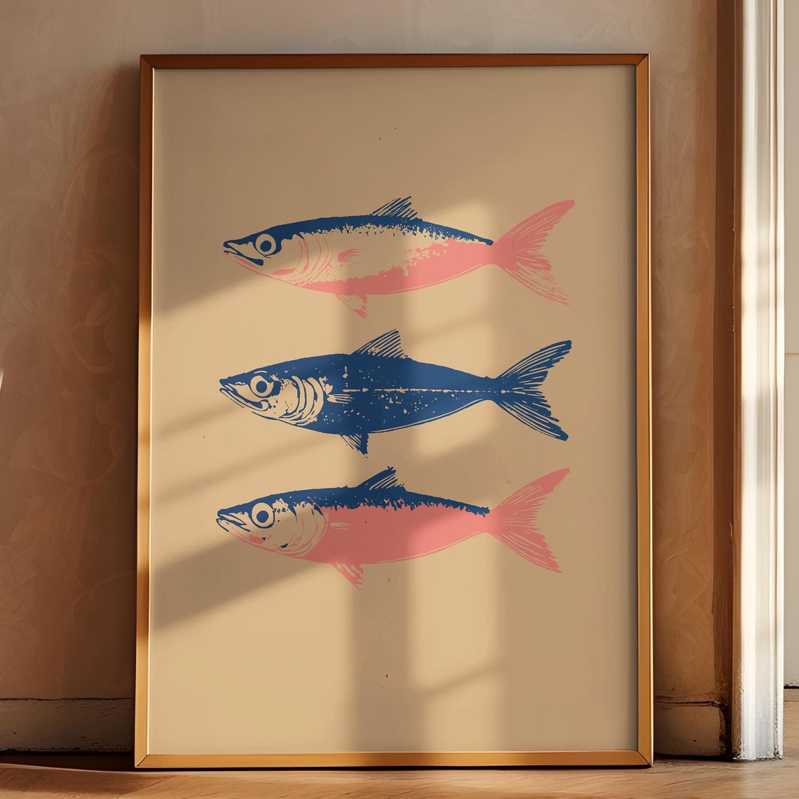 Mackerel Vintage Print Blue Pink Fish Wall Art Farmhouse Kitchen Poster Fish Art Kitchen Drawing Trendy Food Art Retro Kitchen Art